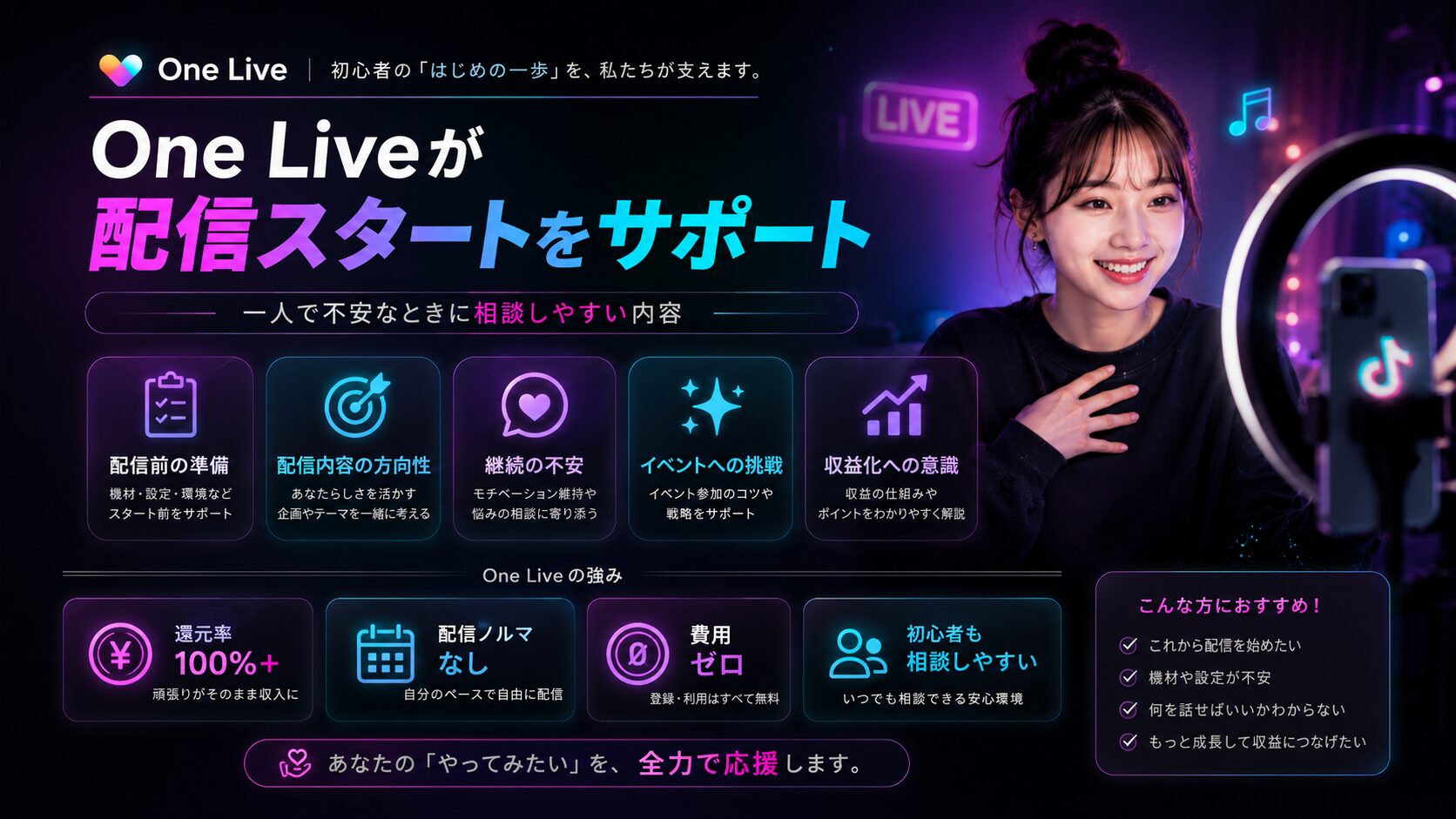 One LiveがTikTok LIVE初心者の配信スタートをサポートするイメージ画像